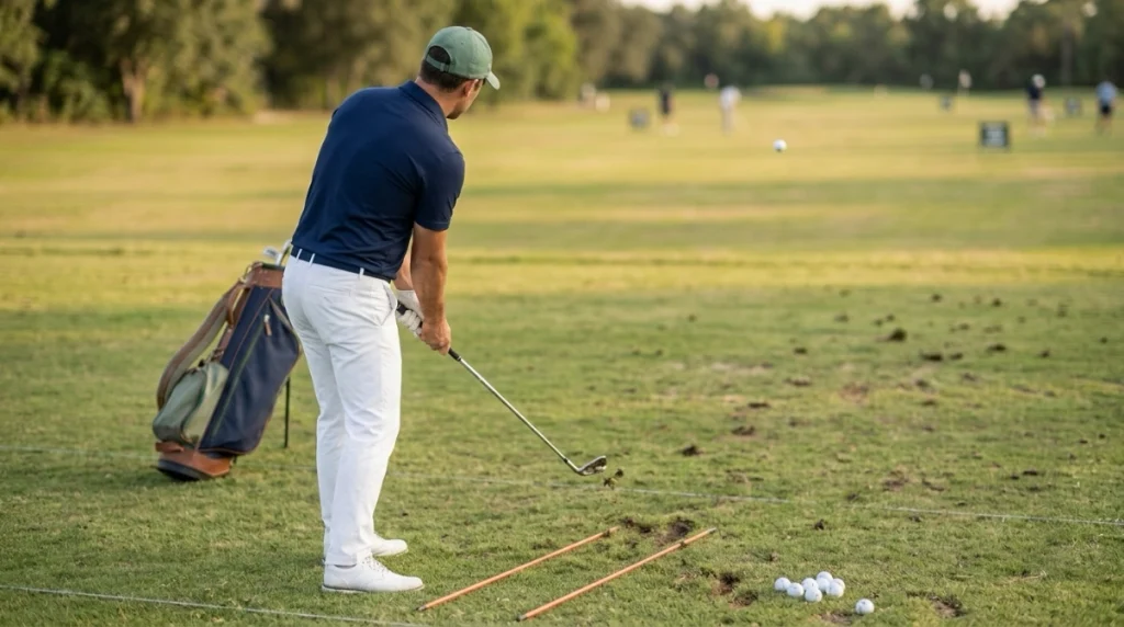 Golfer analyzing ball flight, strike location, and divot pattern after mid-iron practice shots