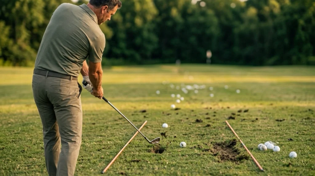 Golfer analyzing ball flight and turf contact for common golf swing problems