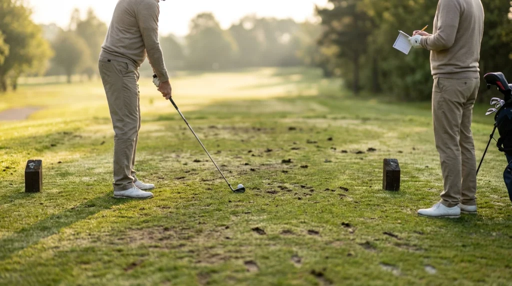 Beginner golfer teeing off correctly while a playing partner keeps score nearby