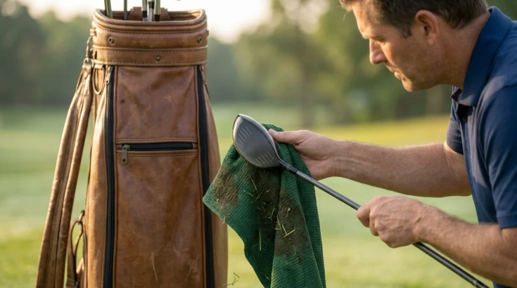 Golfer wiping grass and soil from a driver using damp and dry towel sections.