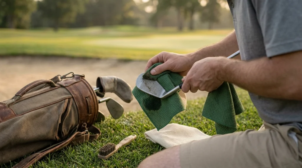 Golfer safely cleaning an iron with separate damp and dry sections of a microfiber towel.