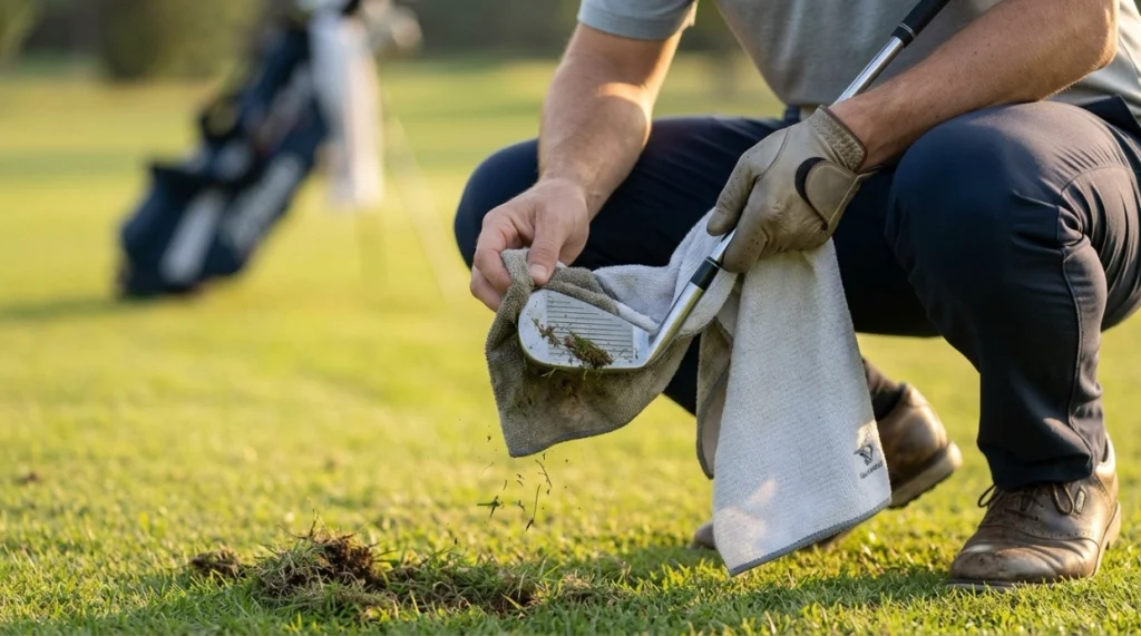 Golfer cleaning grass and soil from an iron using a damp golf towel after a fairway shot.