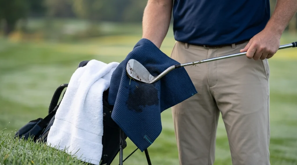Cotton and microfiber golf towels showing different water absorption and drying behavior on a damp course.