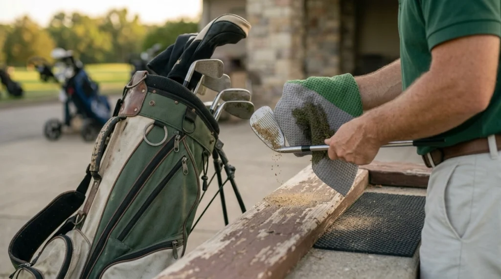 Golfer removing a damp towel and clearing sand from an iron after a golf round.