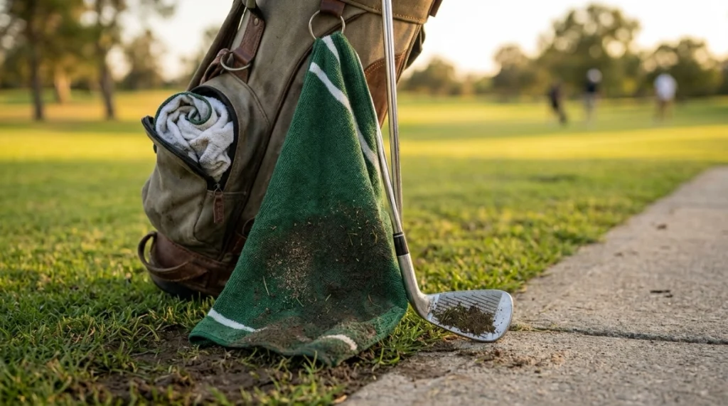 Dirty soaked golf towel dragging near muddy clubs and packed iron grooves