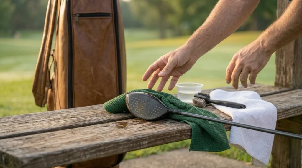 Driver beside damp and dry golf towels, soft nylon brush, and water for cleaning comparison.