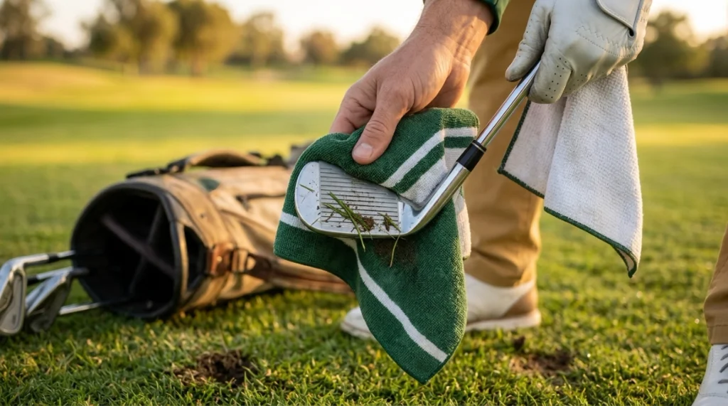 Golfer wiping grass and soil from an iron with a damp golf towel