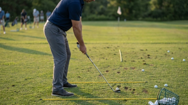 Golfer using alignment sticks while setting grip, posture, stance, and mid-iron ball position