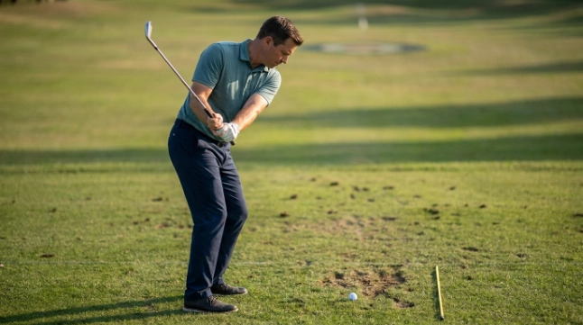 Golfer demonstrating a smooth transition within the correct golf swing sequence.
