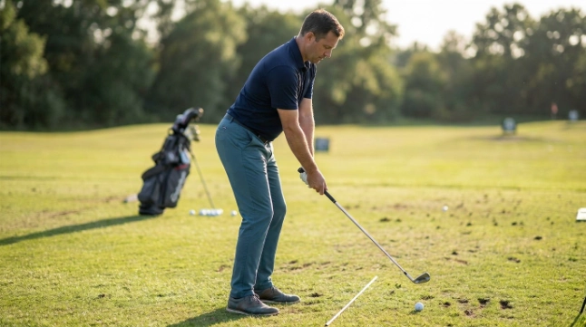 Golfer using an alignment stick to set grip, posture, aim, and mid-iron ball position.