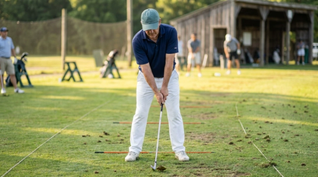 Golfer checking grip, posture, alignment and mid-iron ball position at a driving range.