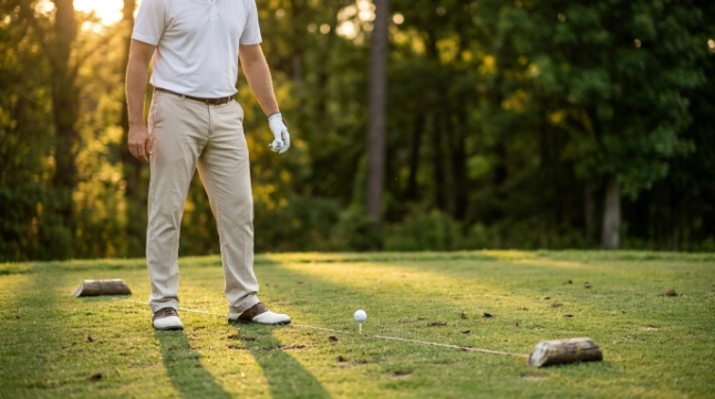 Golfer correctly positioning a ball inside the teeing area before starting a hole