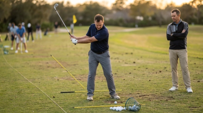 Golfer practicing a controlled pause drill with alignment sticks while an instructor observes.