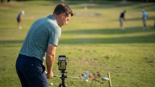 Golfer recording a down-the-line swing with a phone tripod for consistent video analysis.
