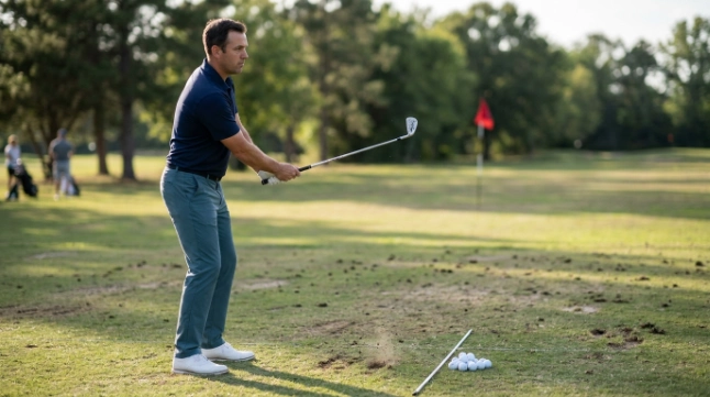 Golfer practicing half-swings with a short iron, target alignment, and balanced finish at the range.