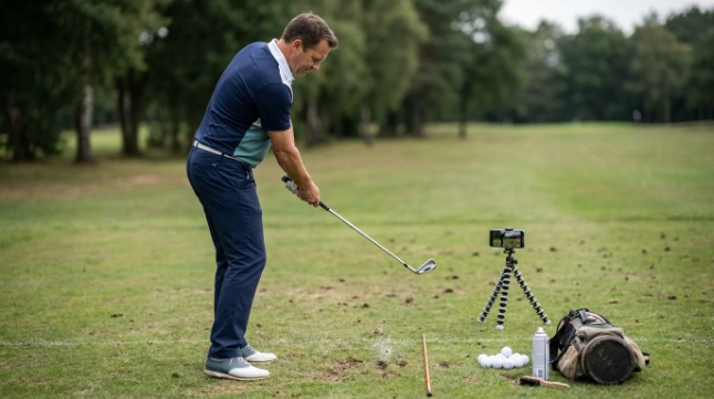 Golfer filming a controlled half-swing with alignment rod and strike feedback tools.