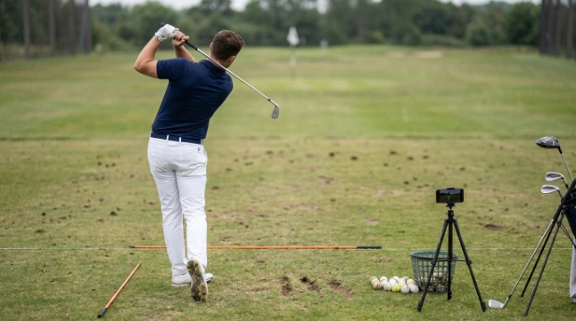 Golfer practicing controlled half-swings with alignment sticks and smartphone video at a driving range.