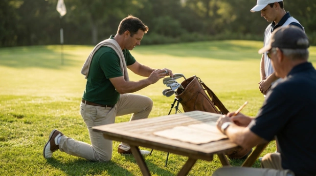 Golfer counting clubs beside a caddie and marker before a competitive round