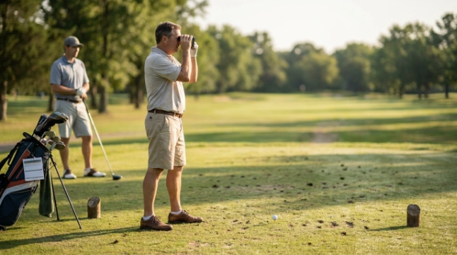 Golfer checking a rangefinder and preparing correctly inside the teeing area before starting a round.