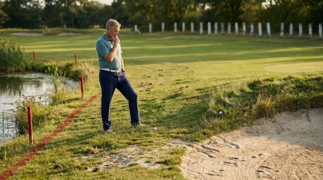 Golfer evaluating common golf penalty situations near water, boundary stakes and bunker
