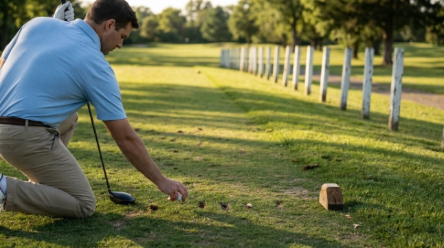 Golfer re-teeing after an out-of-bounds drive under golf stroke-and-distance relief