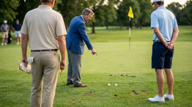 Golfers and rules official discussing how a penalty differs between stroke play and match play.