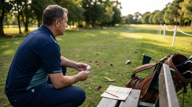 Golfer counting penalty strokes in golf before replaying an out-of-bounds tee shot