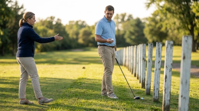 Golfers discussing correct relief beside white out-of-bounds stakes on a golf course