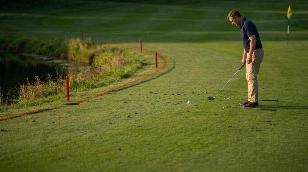 Golfer considering three red penalty area relief options beside red stakes