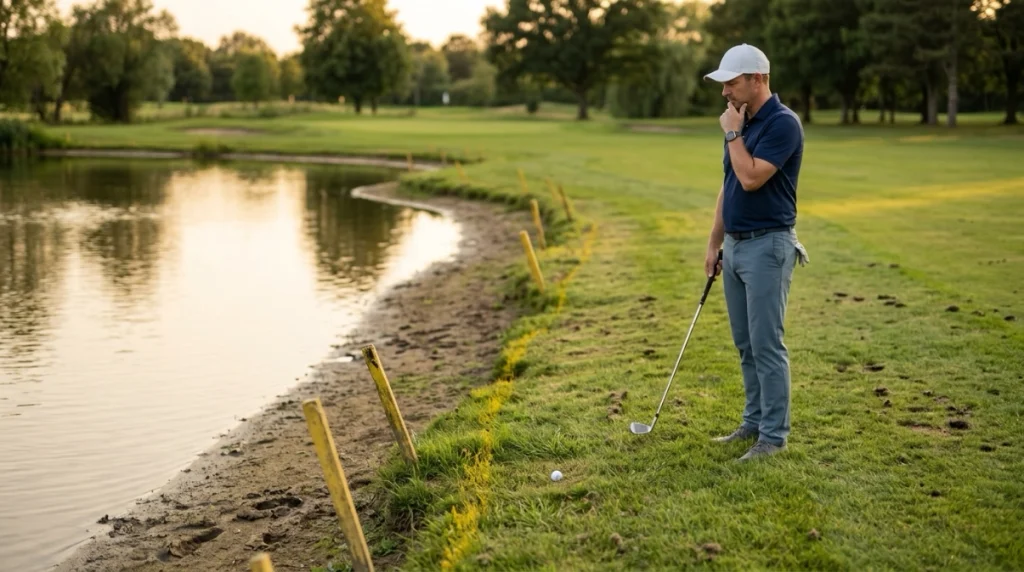 Golfer assessing Yellow Penalty Area relief beside a pond marked with yellow stakes