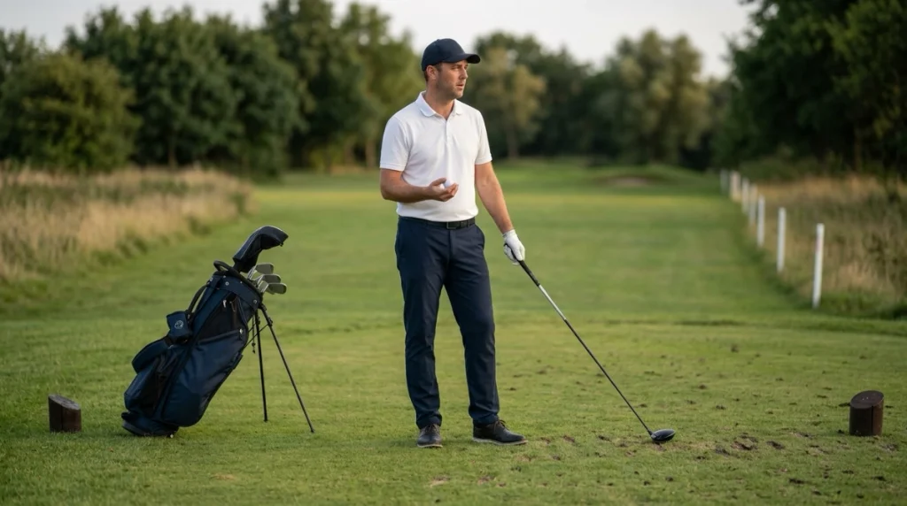 Golfer considering a provisional ball after a drive toward rough and white out-of-bounds stakes.