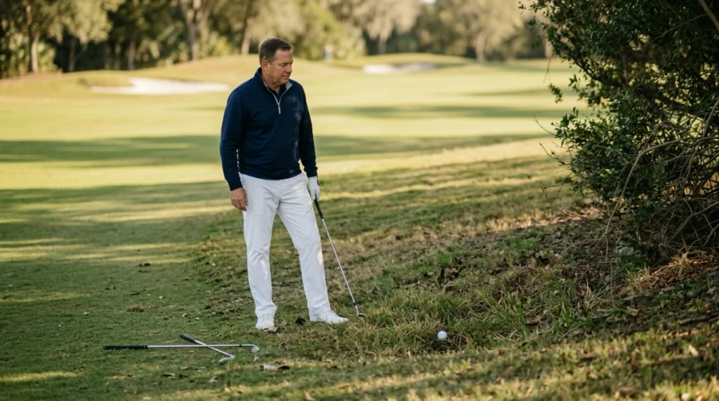 Golfer comparing lateral, back-on-line and stroke-and-distance Unplayable Ball Rule relief