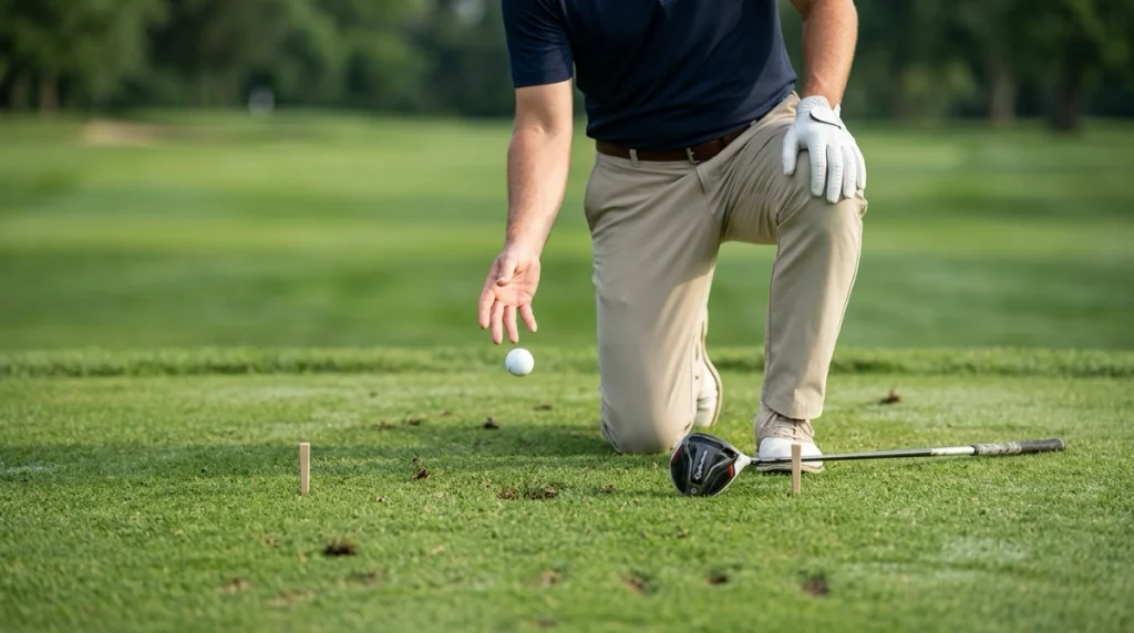 Golfer following relief rules by dropping a ball straight down from knee height