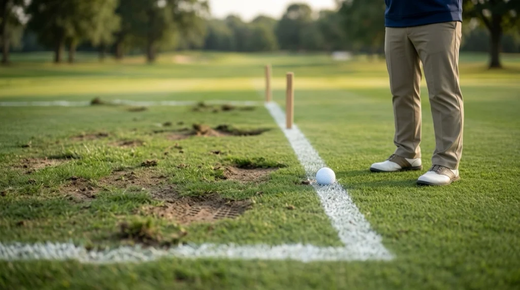 Ground Under Repair boundary line beside a golf ball and damaged turf on a golf course