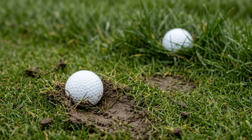 Embedded Ball Rule example comparing a true pitch-mark lie with a ball resting deep in rough.