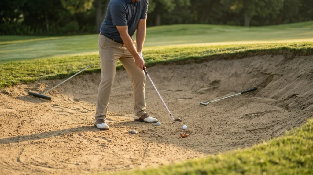 Golfer follows bunker rules with club hovering above sand beside a rake and loose impediments