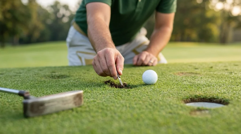Golfer repairing a ball mark on a putting green under Green Rules
