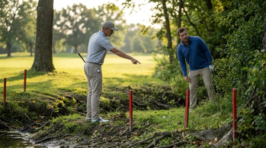 Water Hazard Rule scene with golfers judging whether a missing ball entered a penalty area