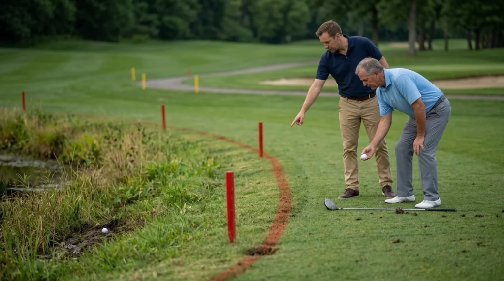 Golfers checking the correct red penalty area crossing point before taking relief