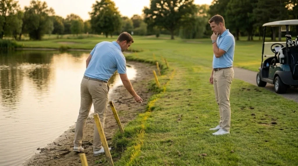 Golfer preparing a knee-height drop beside a Yellow Penalty Area after checking the crossing point