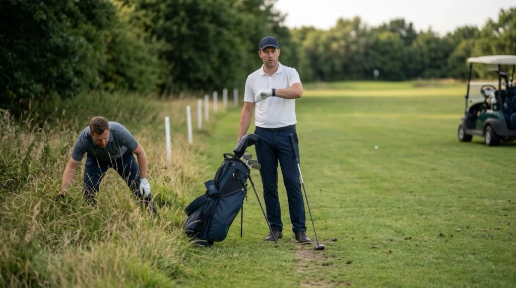Golfers searching rough while checking the three-minute limit under the Provisional Ball Rule.