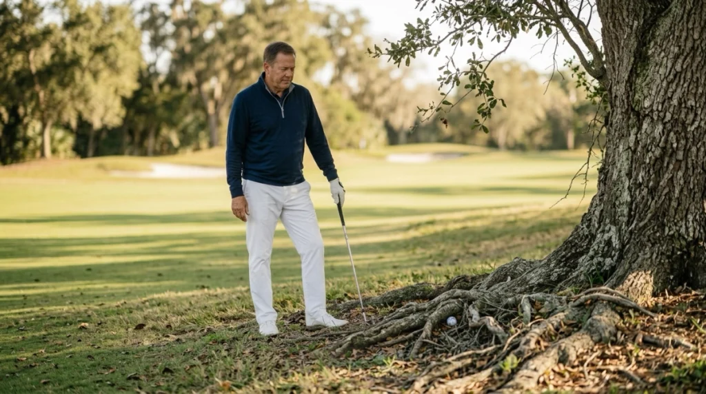Golfer choosing the safest Unplayable Ball Rule relief option beside roots and difficult rough
