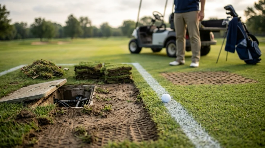 Ground Under Repair area with maintenance hole, removed turf and piled grass clippings on a golf course