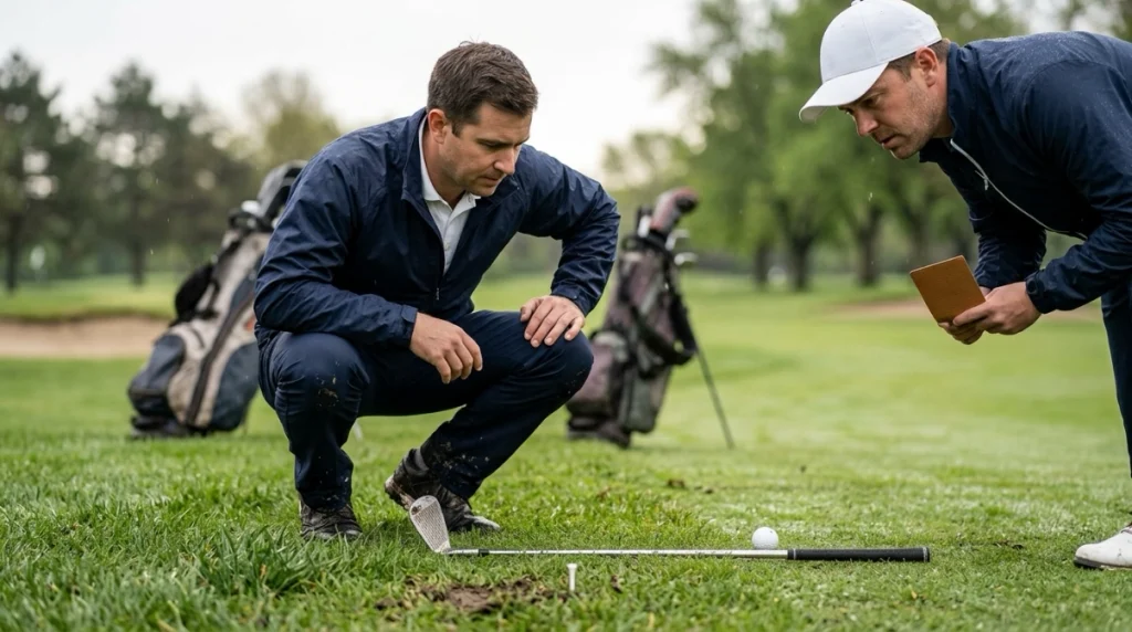 Golfers checking an Embedded Ball Rule drop after the ball finishes outside the intended relief area.