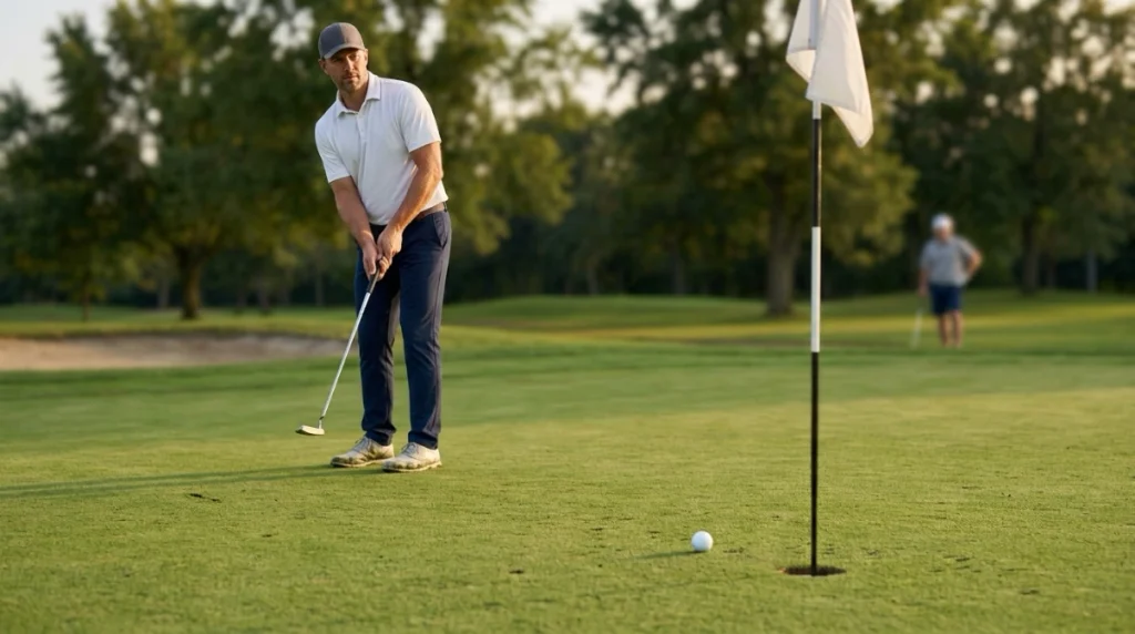 Golfer putting toward a hole with the flagstick left in under Flagstick Rules