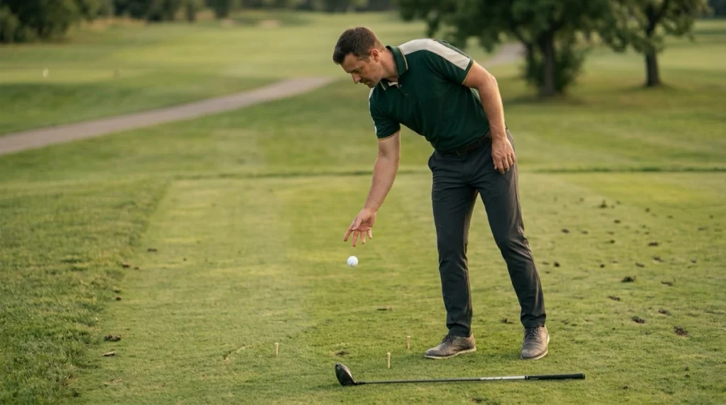 Golfer correctly dropping the ball from knee height inside a measured relief area