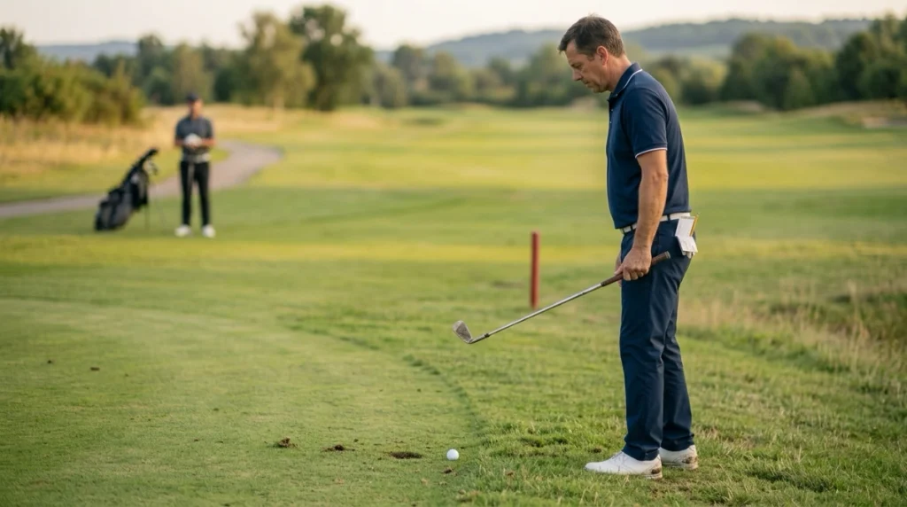 Golfer beside a penalty area illustrating how strokes and penalties affect golf scoring rules.