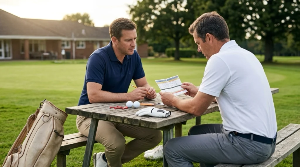 Golfer and marker reviewing a scorecard under stroke play rules after a competitive round.