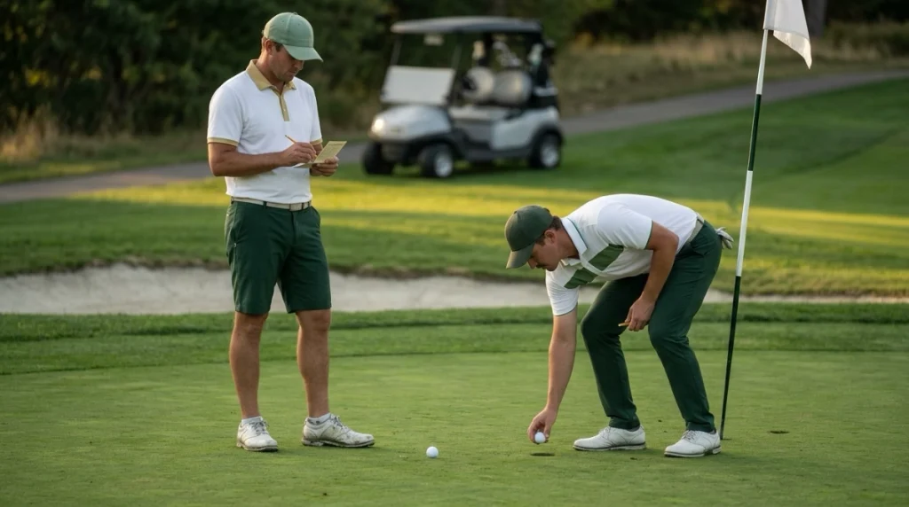 Golfers tracking match play rules and hole-by-hole scoring beside a putting green