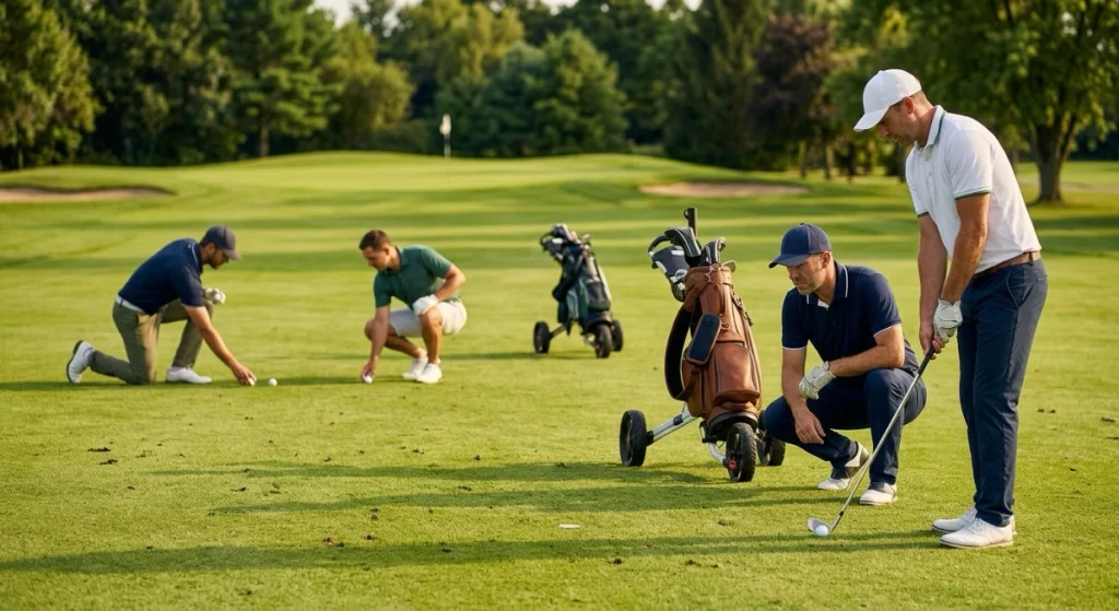 Four golfers play Scramble Format from one selected fairway ball after choosing the best shot